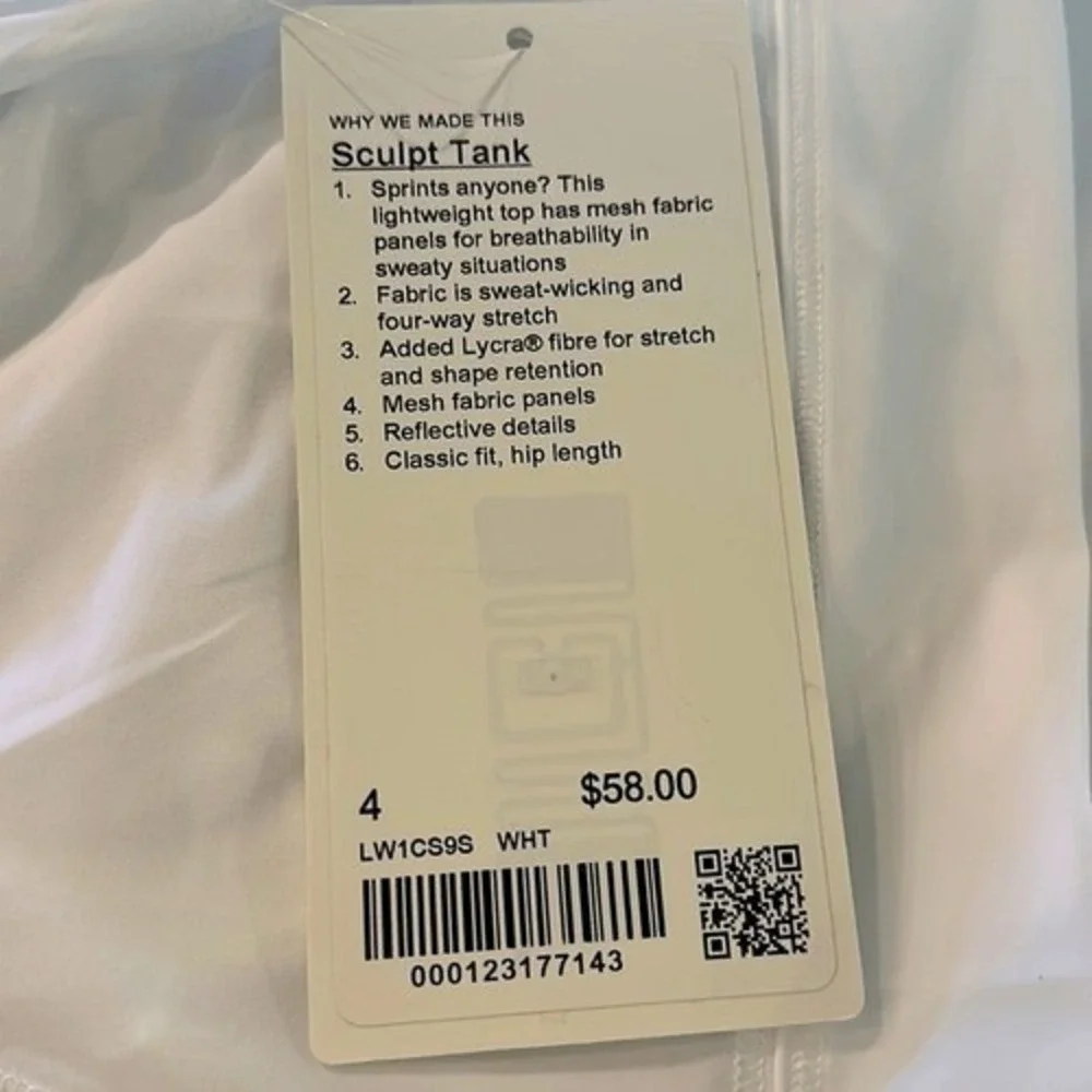 Lululemon Sculpt Tank Top‎ Back Vent White size 4 NWT